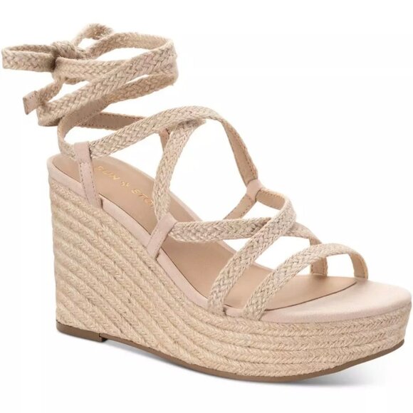 SUN+STONE TRINNIE Strappy Ankle-Tie Platform Wedge Heel Sandals Beige Size 9 - Picture 1 of 6